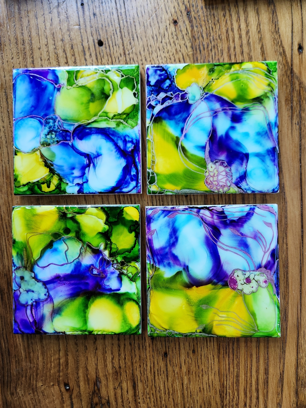 4 Ceramic Tile Coasters Abstract Home Art-Blue, Purple, Green & Yellow